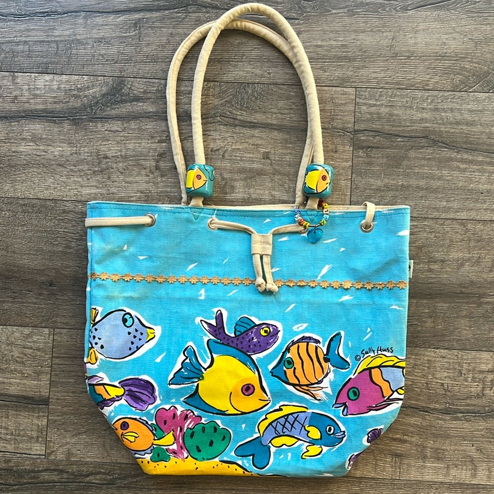 Sally Huss Colorful Fish themed Canvas Beach Bag